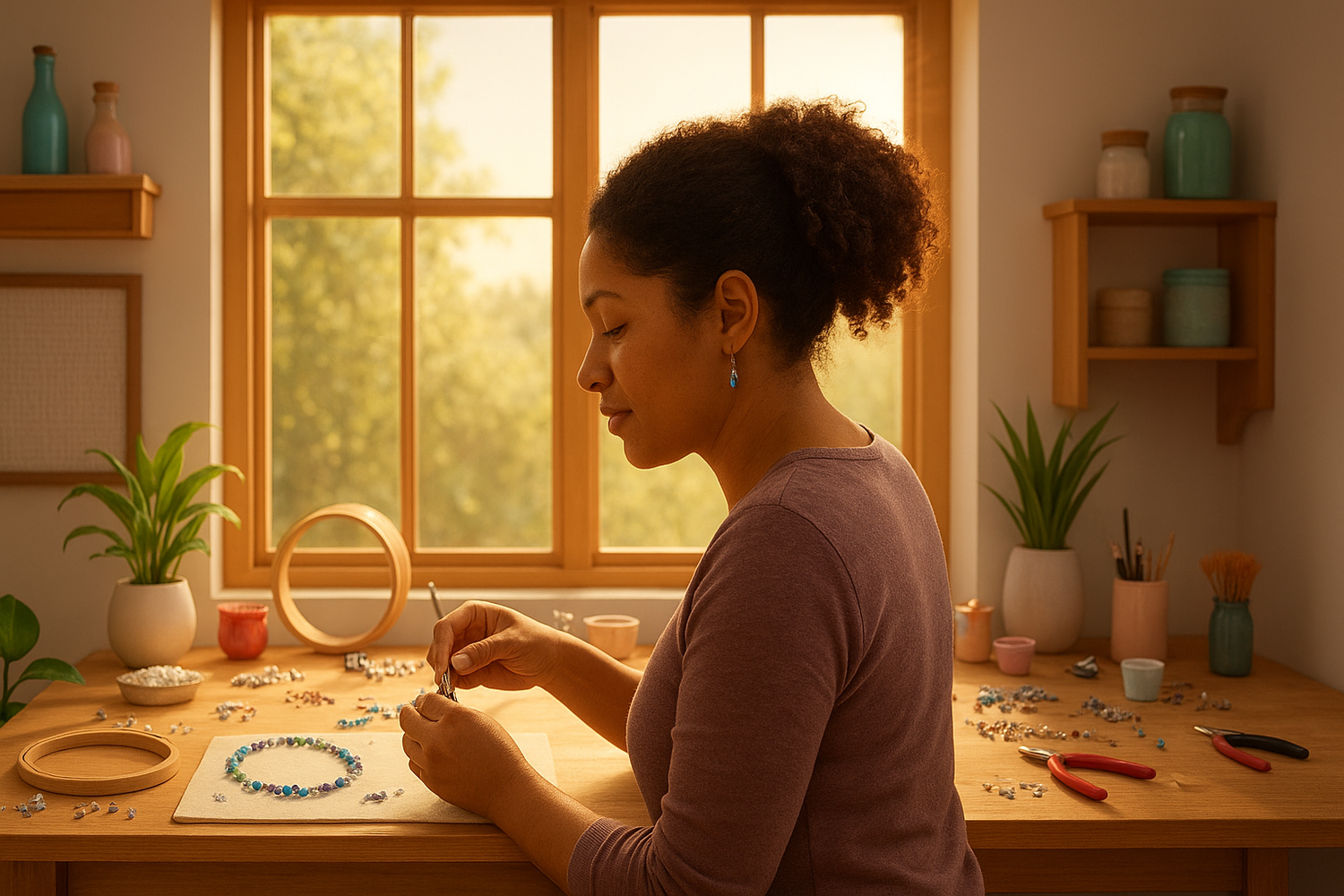 A crafter and hobbyist creating a new piece of jewellery 
