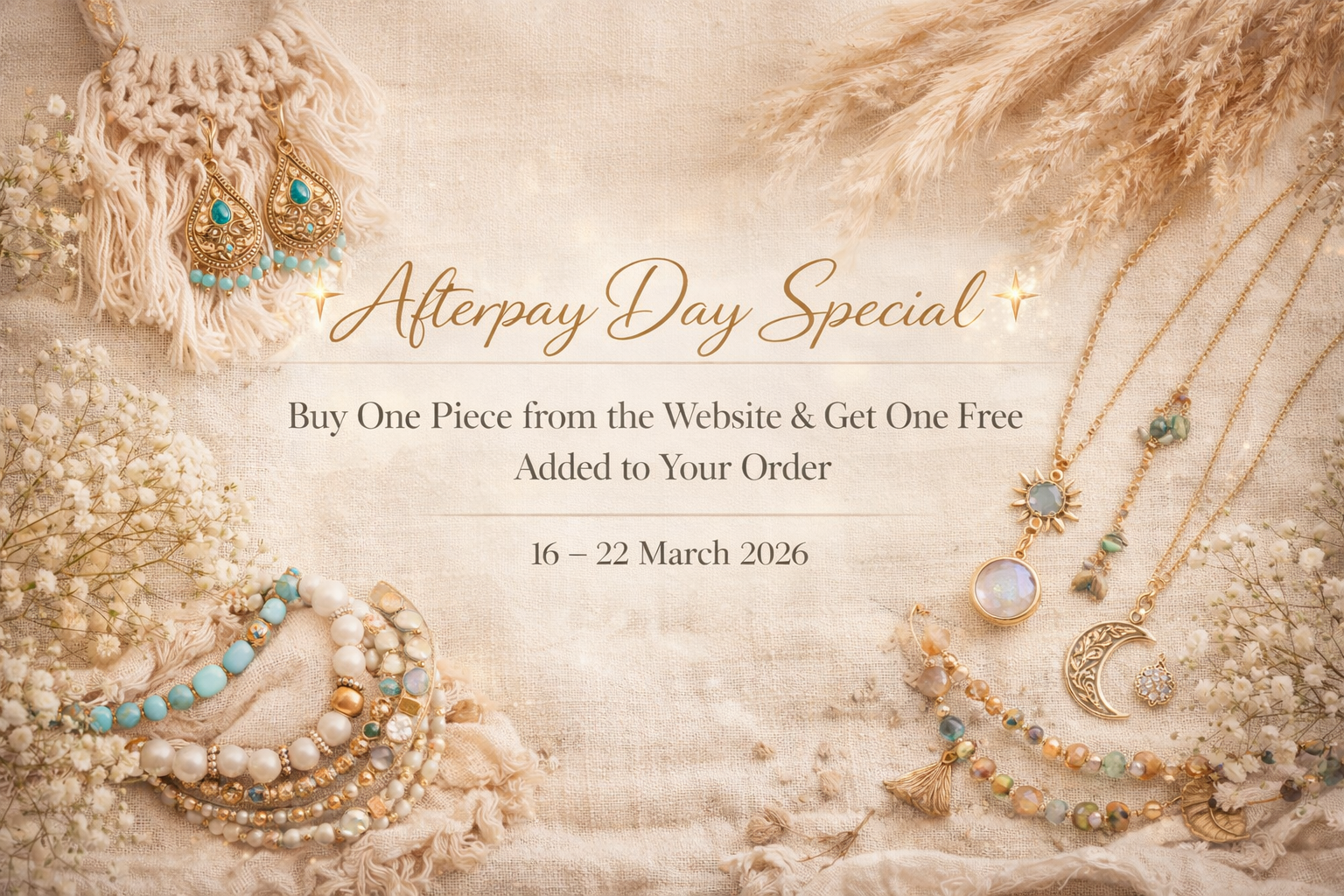 Jewelry with 'Afterpay Day Special' text on a beige background