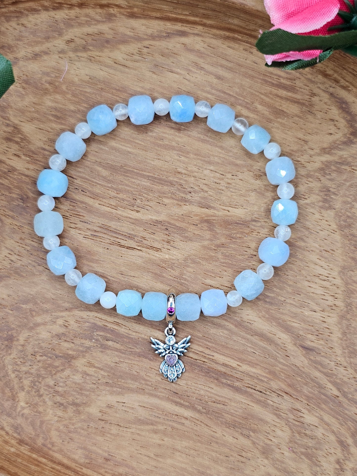 Ailes de l’Océan – Blue Lace Agate & Rainbow Moonstone Bracelet with Dove Pendant