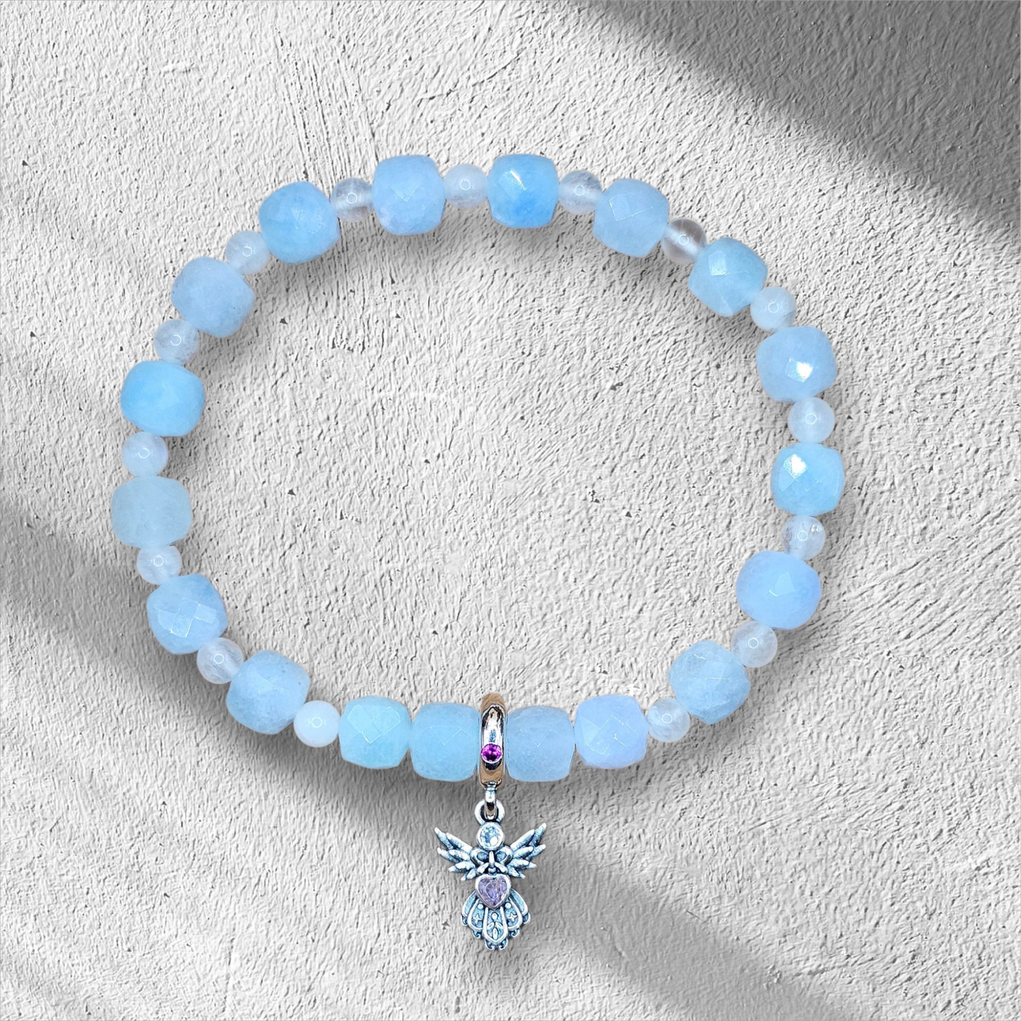 Ailes de l’Océan – Blue Lace Agate & Rainbow Moonstone Bracelet with Dove Pendant
